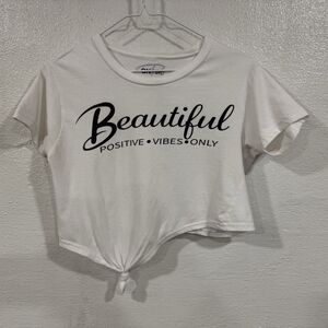 On Fire Girls Small White Crop Top T-Shirt Beautiful Positive Vibes Knot Front